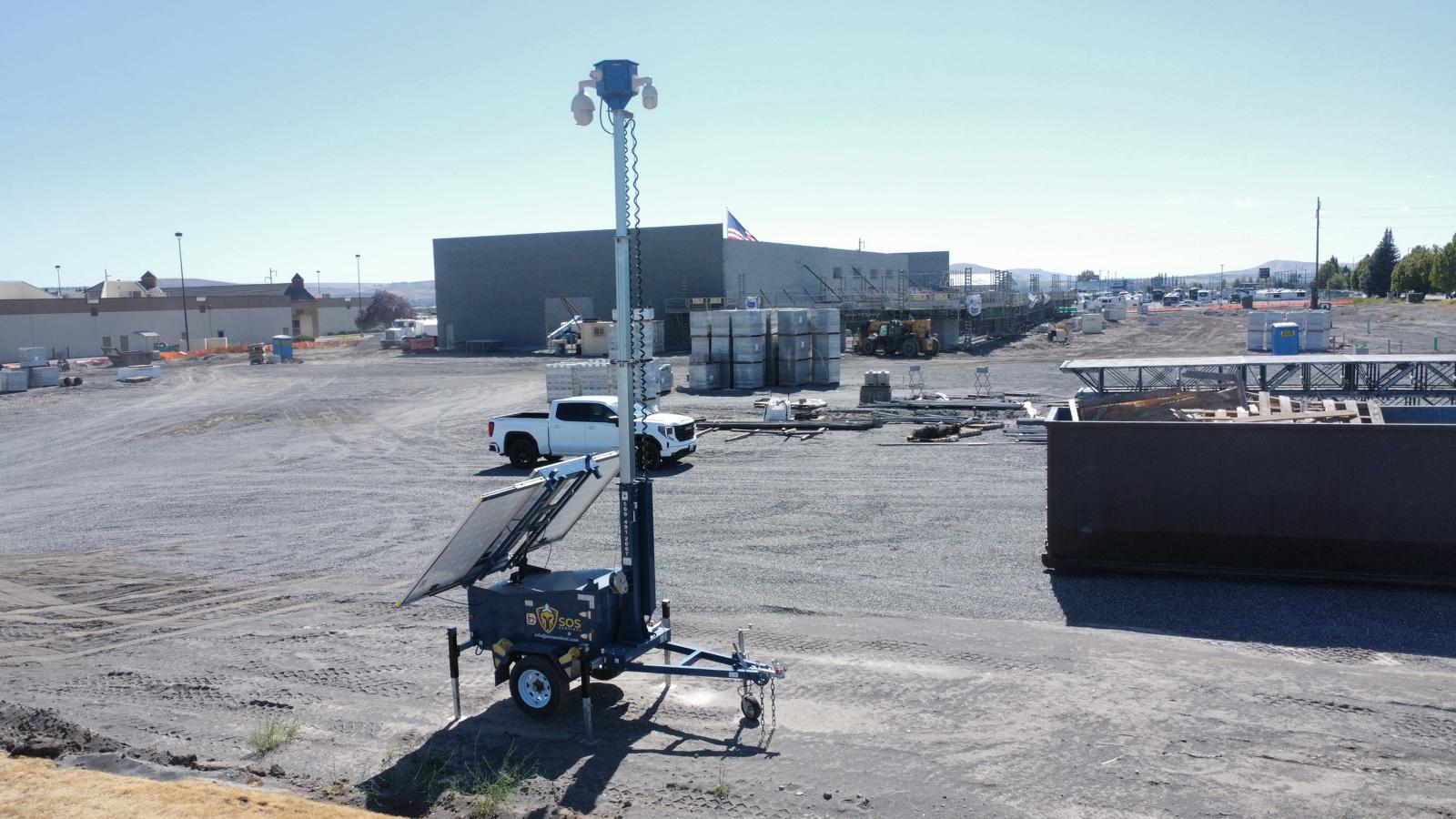 Aerial drone hero shot of SOS Sentinel mobile CCTV security stations